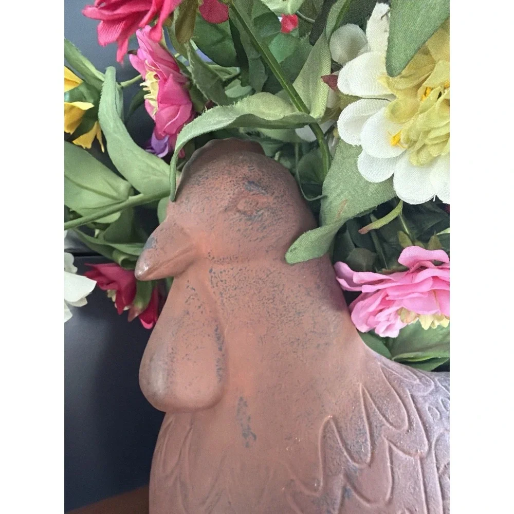 Folk Art Rooster Hen Planter w/ Faux Flowers Country Cottagecore Decor VTG